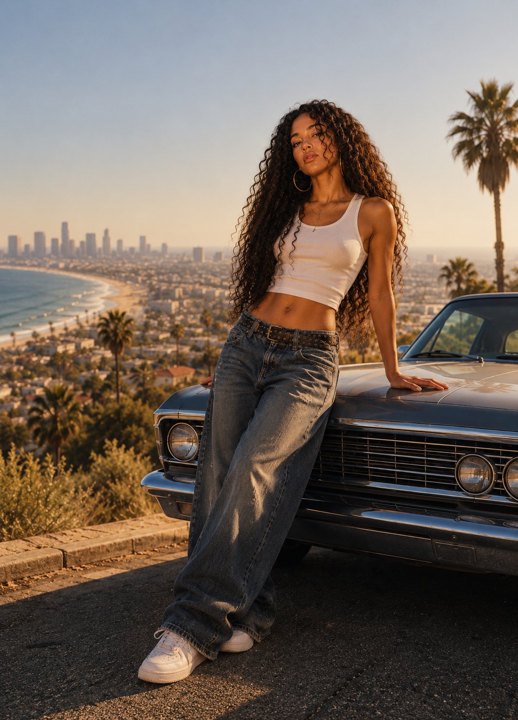 REINA leaning against the front of a classic car on a hilltop above the coast at golden hour, long curly hair, white vest and wide denim, the beach, palms and a city skyline behind her.