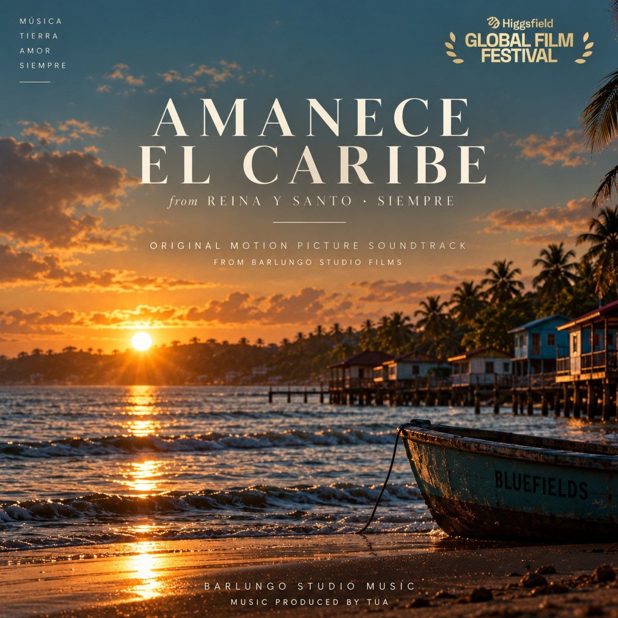 Cover artwork for Amanece el Caribe: a fishing boat marked BLUEFIELDS pulled up on the sand at sunrise, the sun low over the water, stilt houses and palms along the shore behind it. Titled AMANECE EL CARIBE · from REINA Y SANTO · SIEMPRE · ORIGINAL MOTION PICTURE SOUNDTRACK · FROM BARLUNGO STUDIO FILMS, with MÚSICA TIERRA AMOR SIEMPRE set in the top corner and BARLUNGO STUDIO MUSIC · MUSIC PRODUCED BY TUA along the foot.