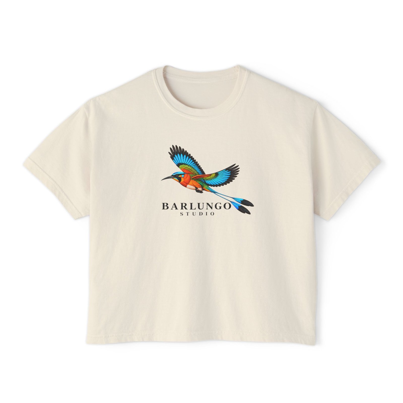 A cream oversized boxy t-shirt with the Barlungo Studio guardabarranco printed across the chest, shown flat against white.