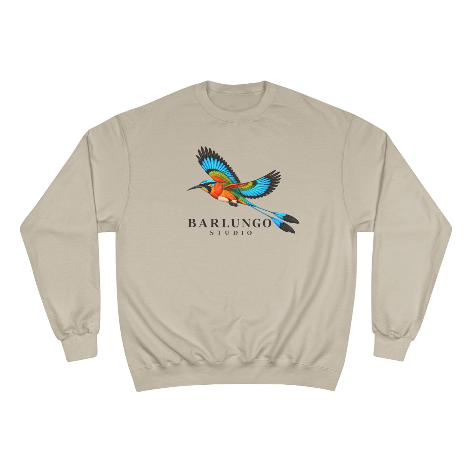 A sand-coloured crewneck sweatshirt with the Barlungo Studio guardabarranco printed across the chest, shown flat against white.