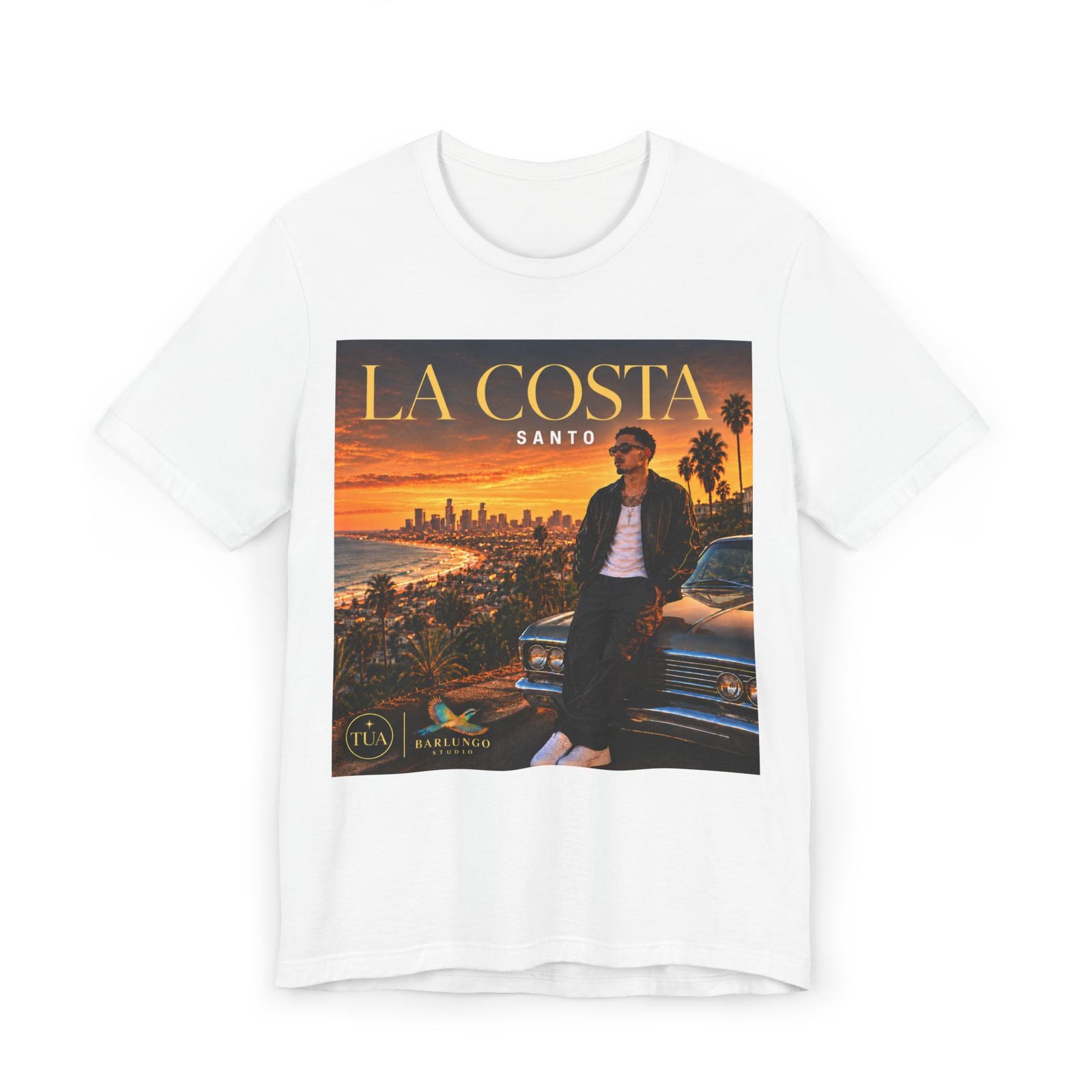 A white t-shirt printed with the LA COSTA cover artwork for SANTO, shown flat against white.
