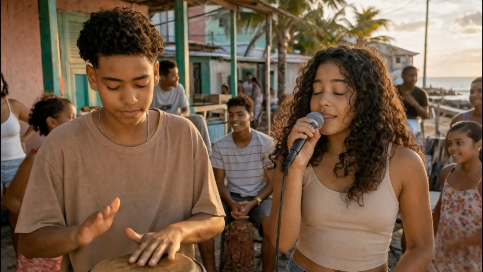 Reina and Santo as children performing in the street: he plays a hand drum, she sings into a microphone, neighbours gathered around them and the sea behind.