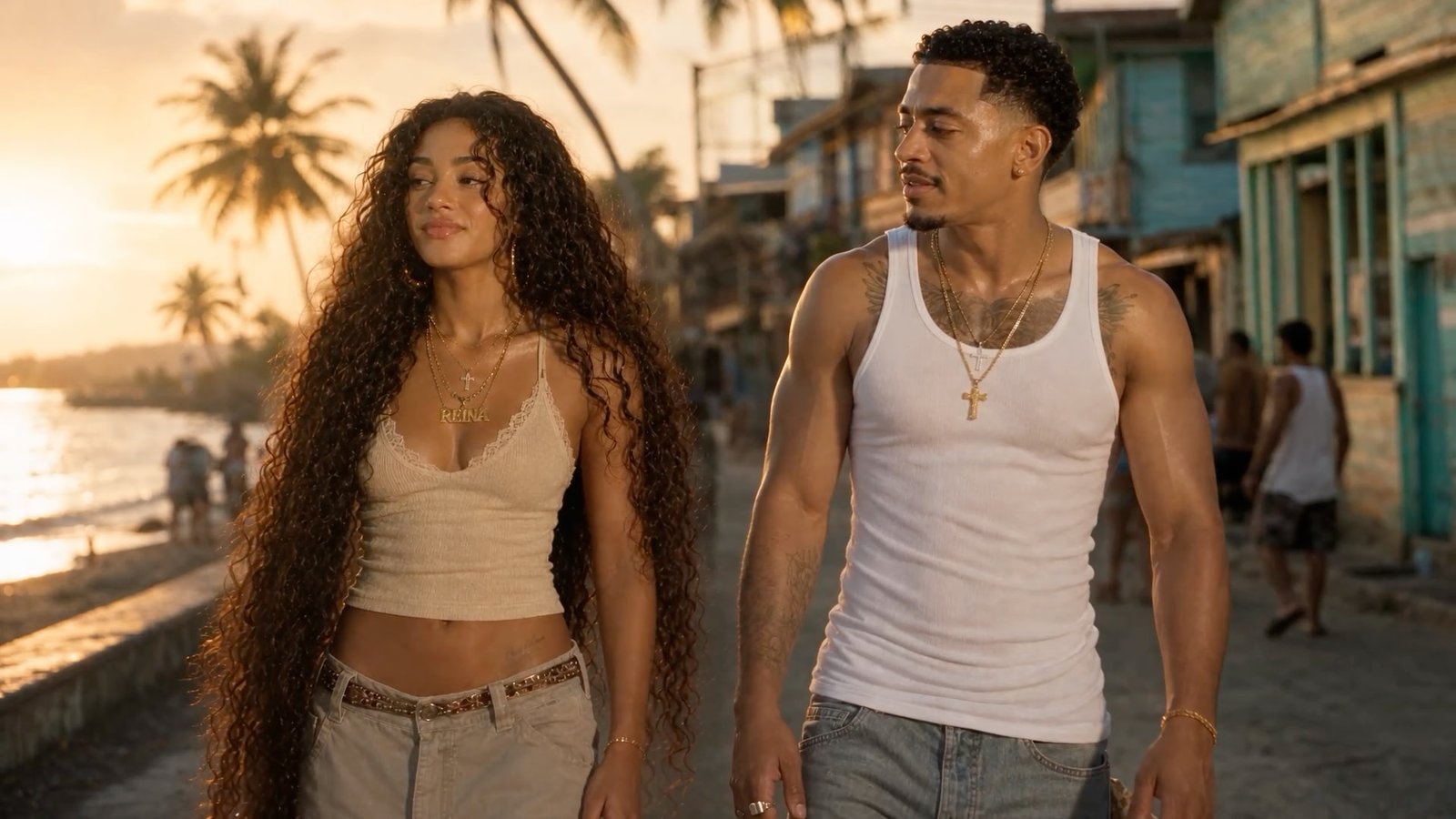 Reina and Santo as adults walking toward camera along a village street at golden hour, palms and the sea behind them.