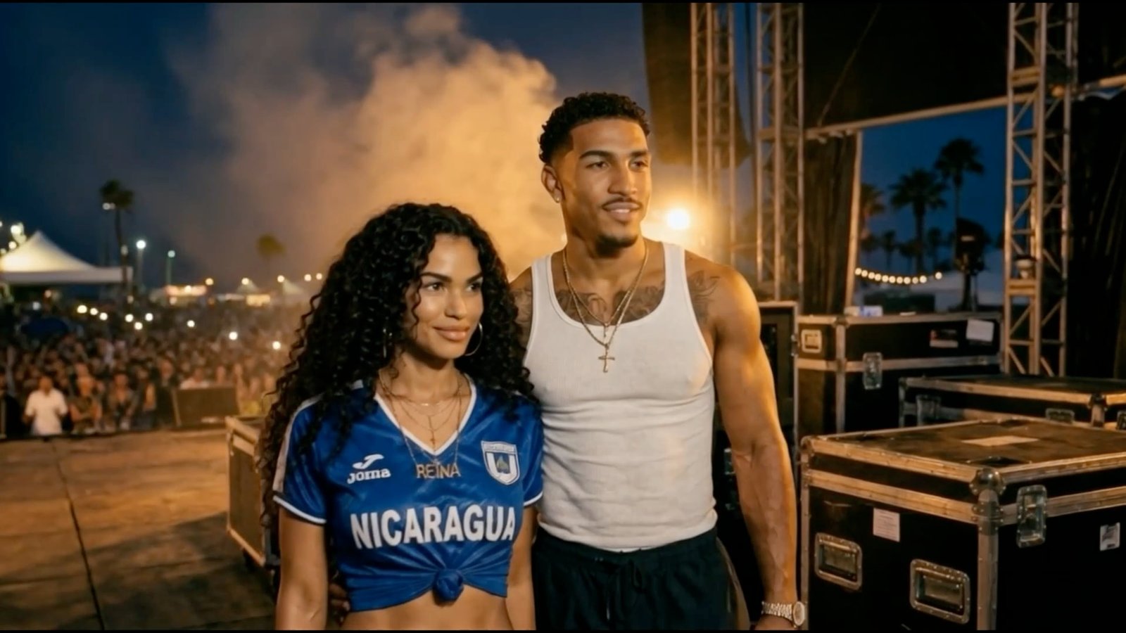 Reina and Santo backstage at the San Juan del Sur festival at night, Reina in a Nicaragua football shirt, stage lights and flight cases around them.